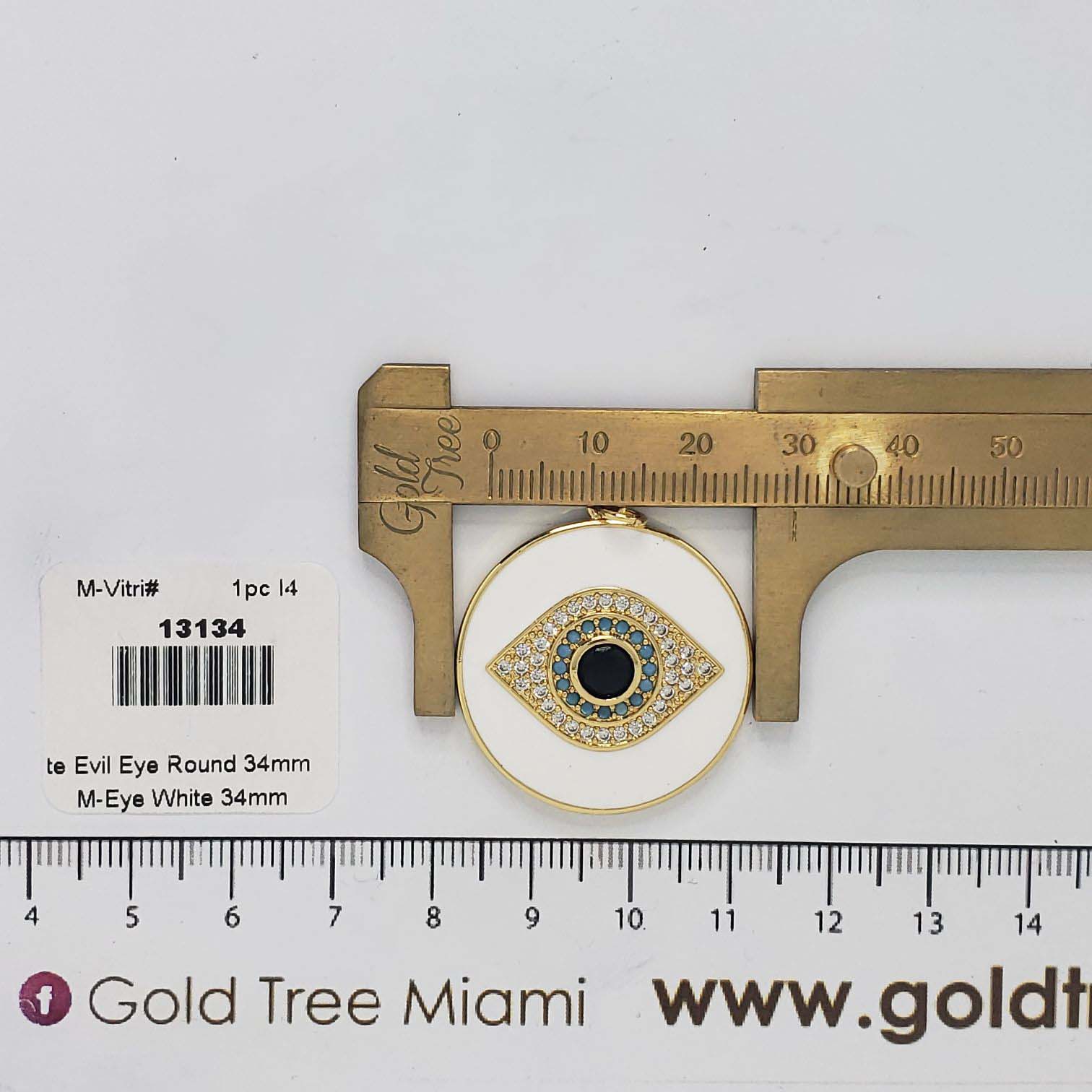 13134 White Enamel Round Crystals Evil Eye Pendant