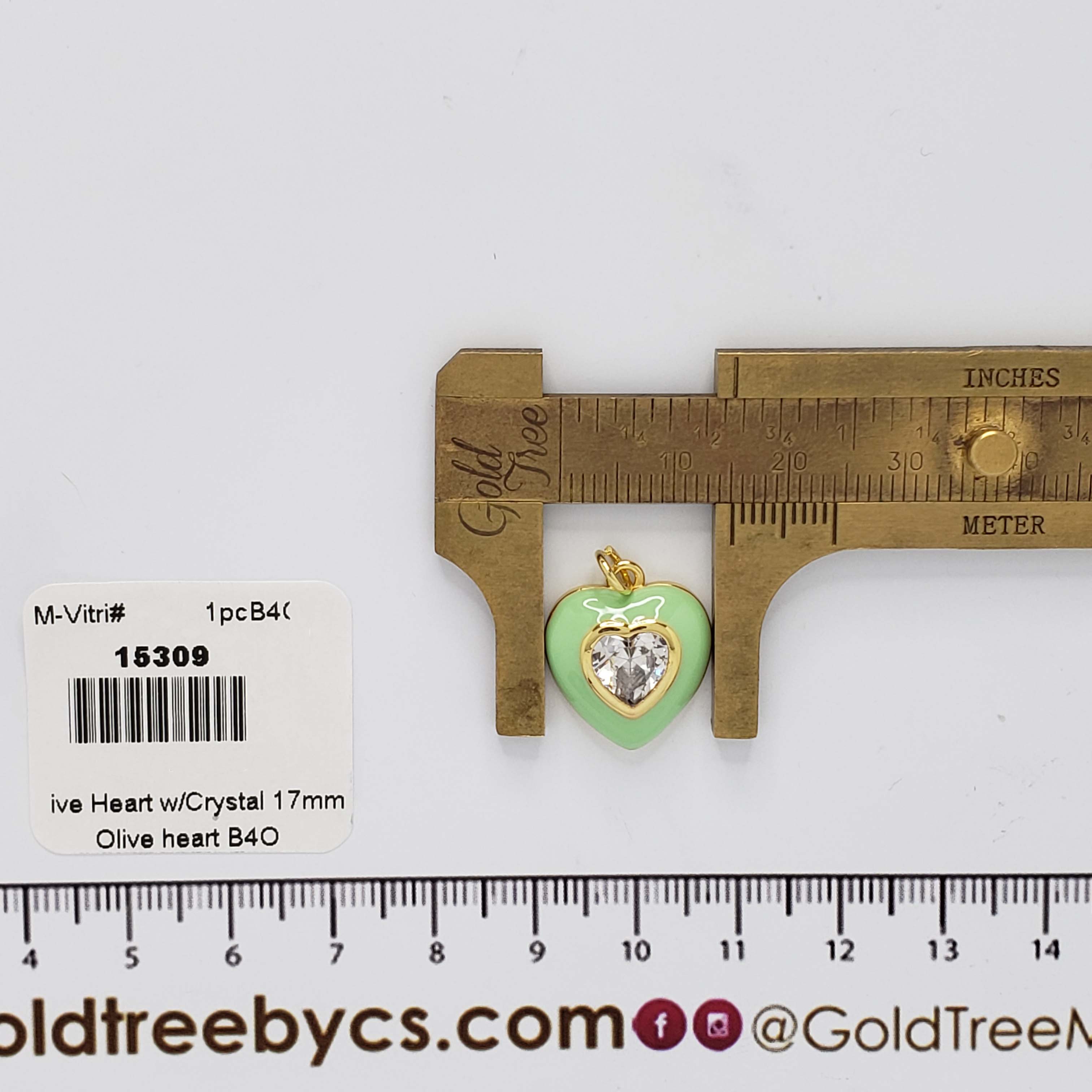 15309 17mm Olive Heart with Crystal Charm