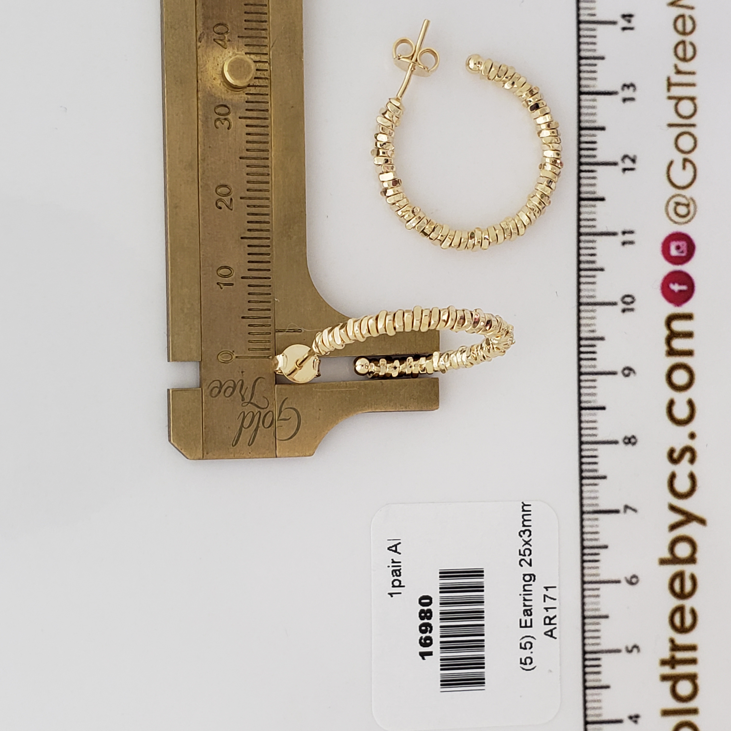 16980 25x3mm Textured Earring Gold 