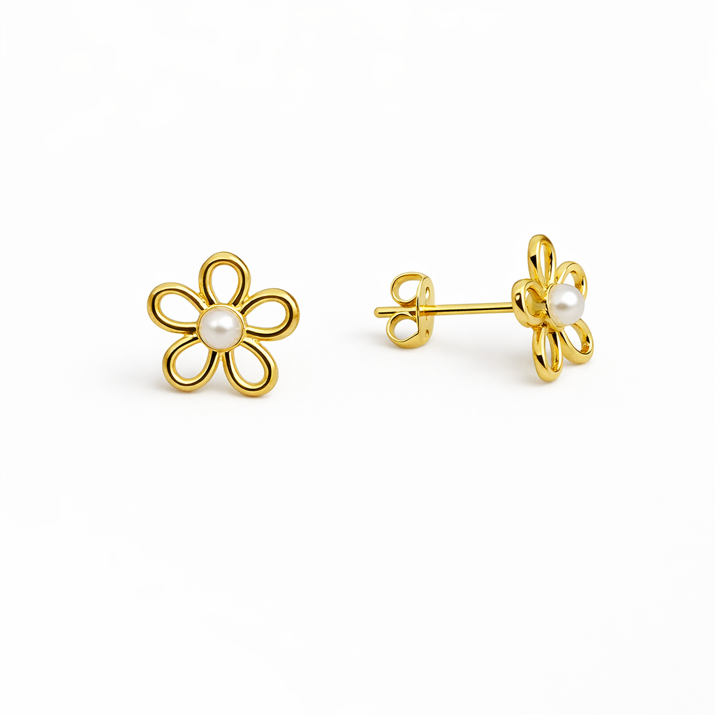 21576 Gold Flower Stud Earrings with Pearl