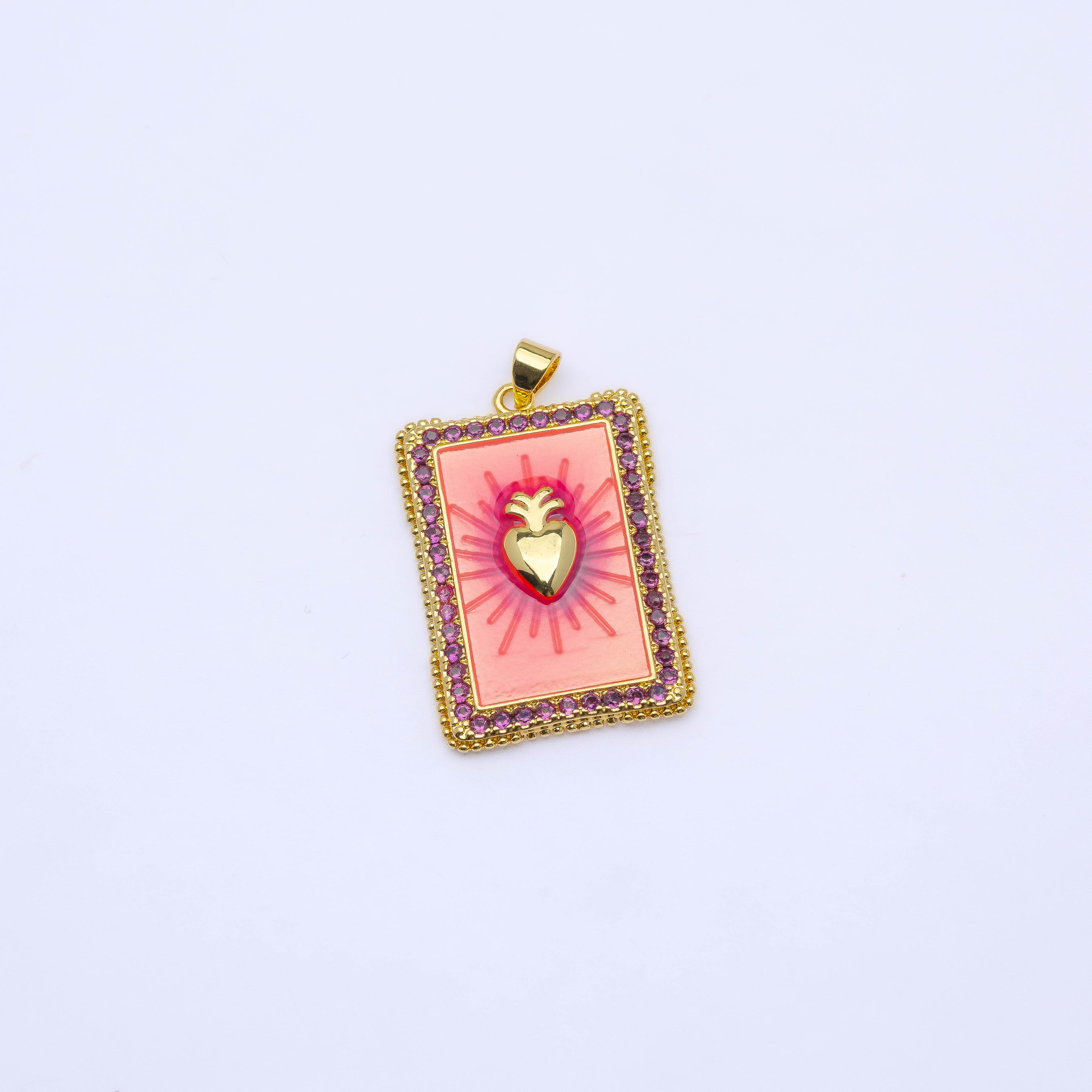 21074 Rectangular Pendant with Golden Heart and Fuchsia