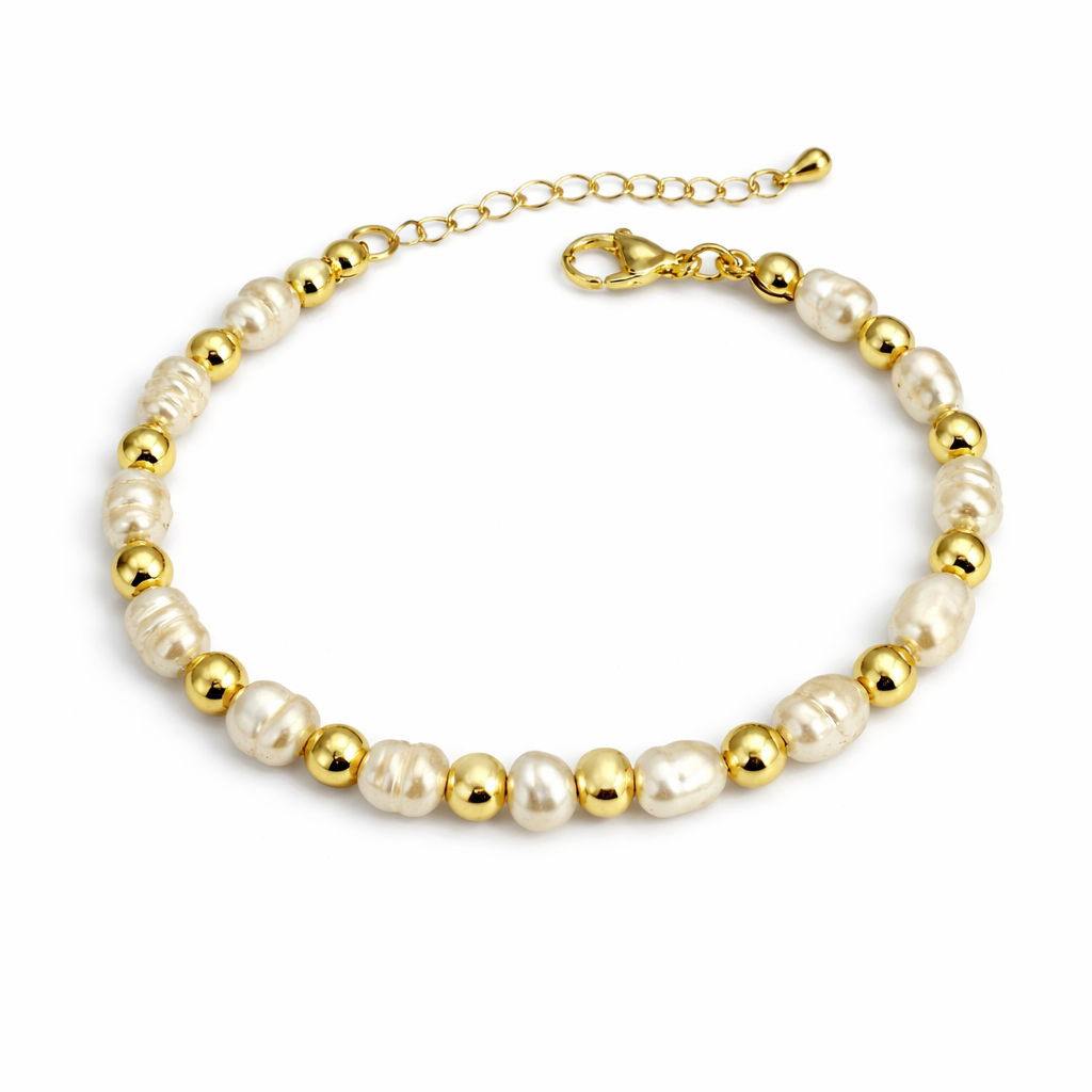 21728 Brazalete de Perlas Tipo Arroz y Balines Dorados