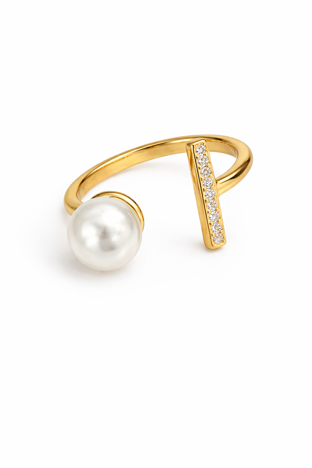 21711  Gold Ring with Pearl and CZ Bar