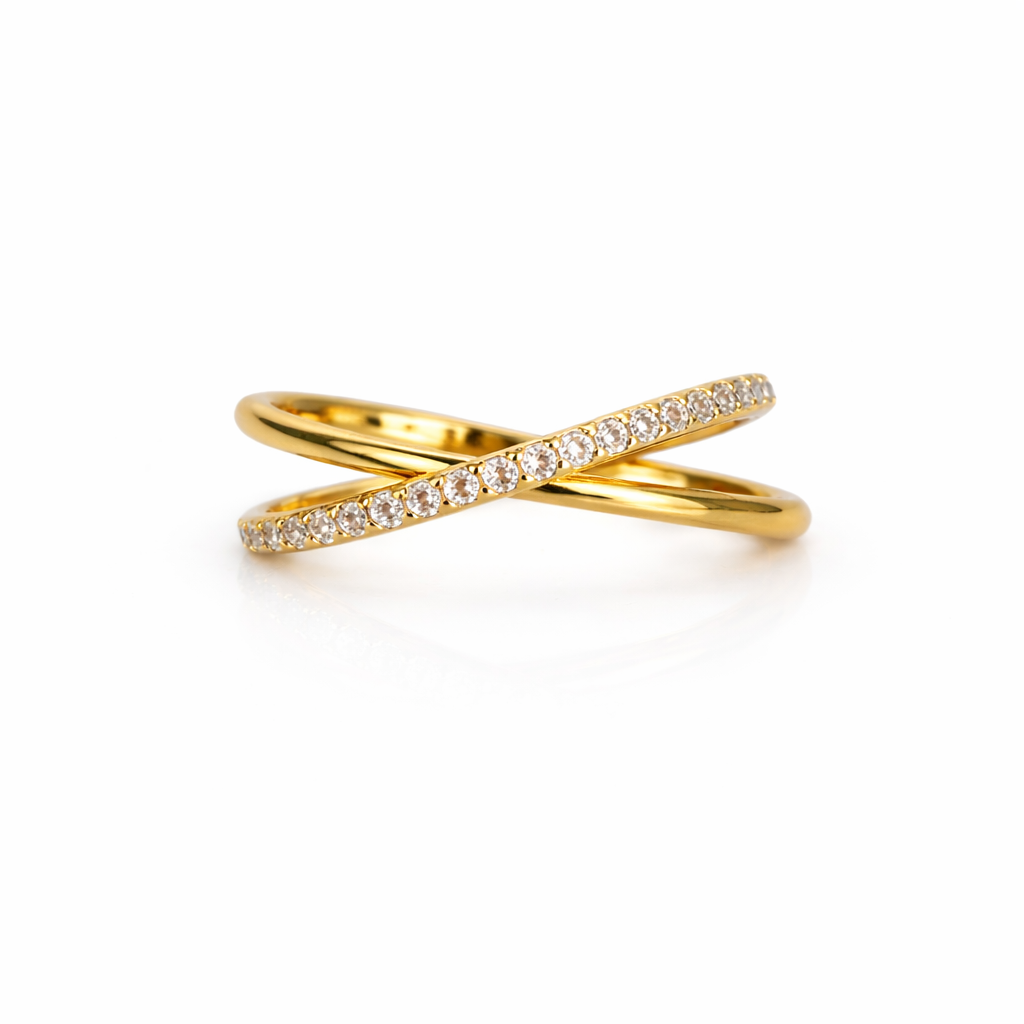 21811 Gold Adjustable X-Crossover Ring with Pavé CZ