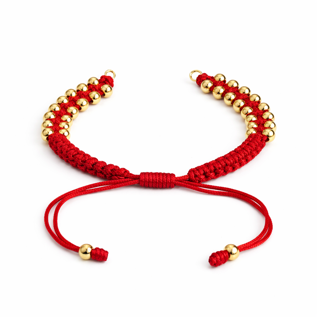 21769 Red Adjustable Woven Bracelet with Gold Beads