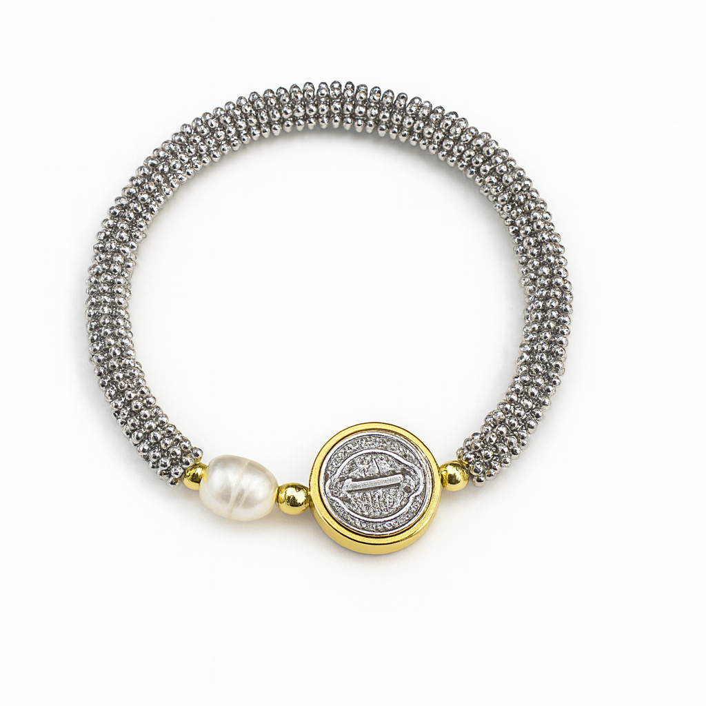 21517 Silver Bracelet with St. Benedict & Pearl