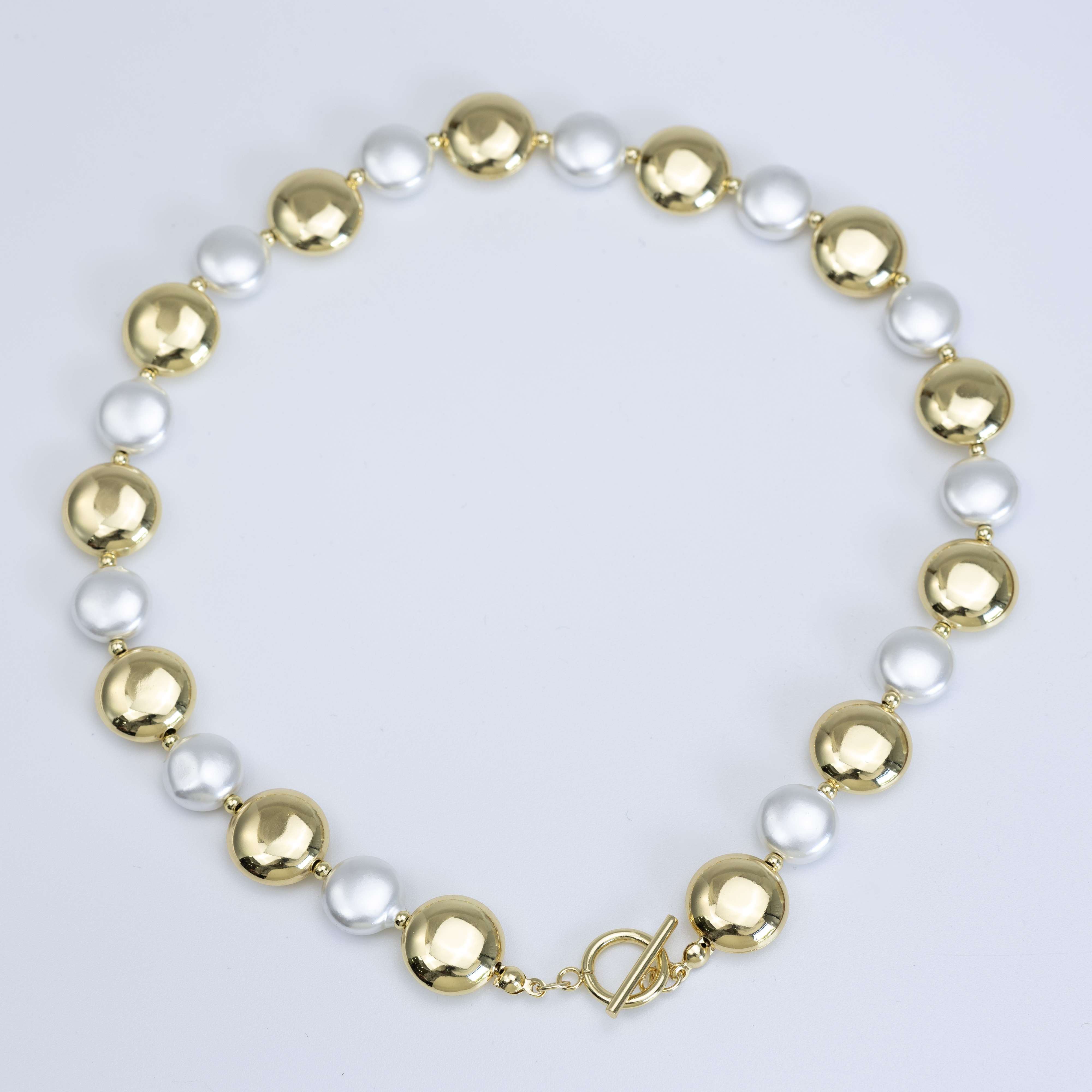 19720 Golden Sphere and White Pearl Necklace 16"