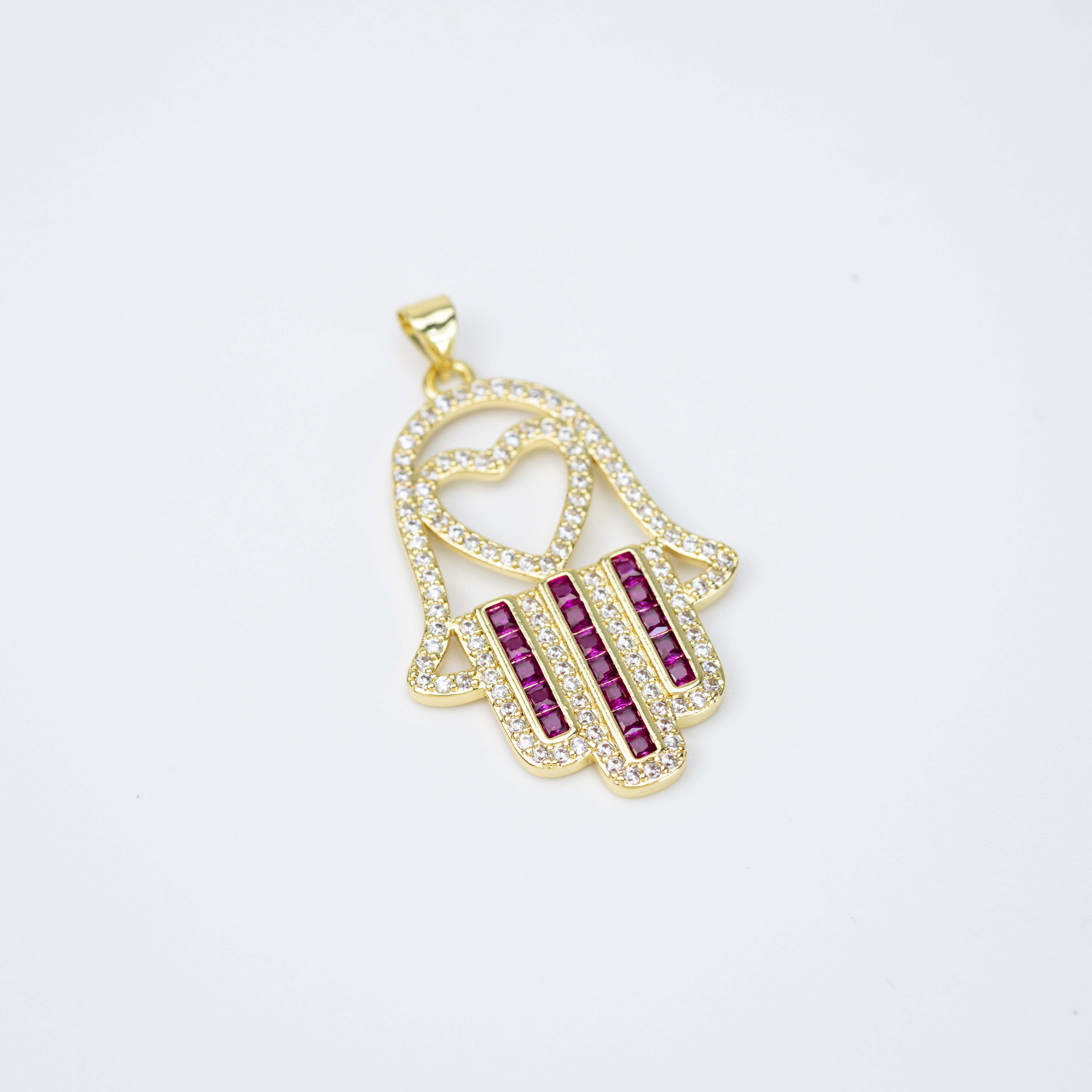 19675 Hamsa Hand Pendant with Heart and Fuchsia Crystal