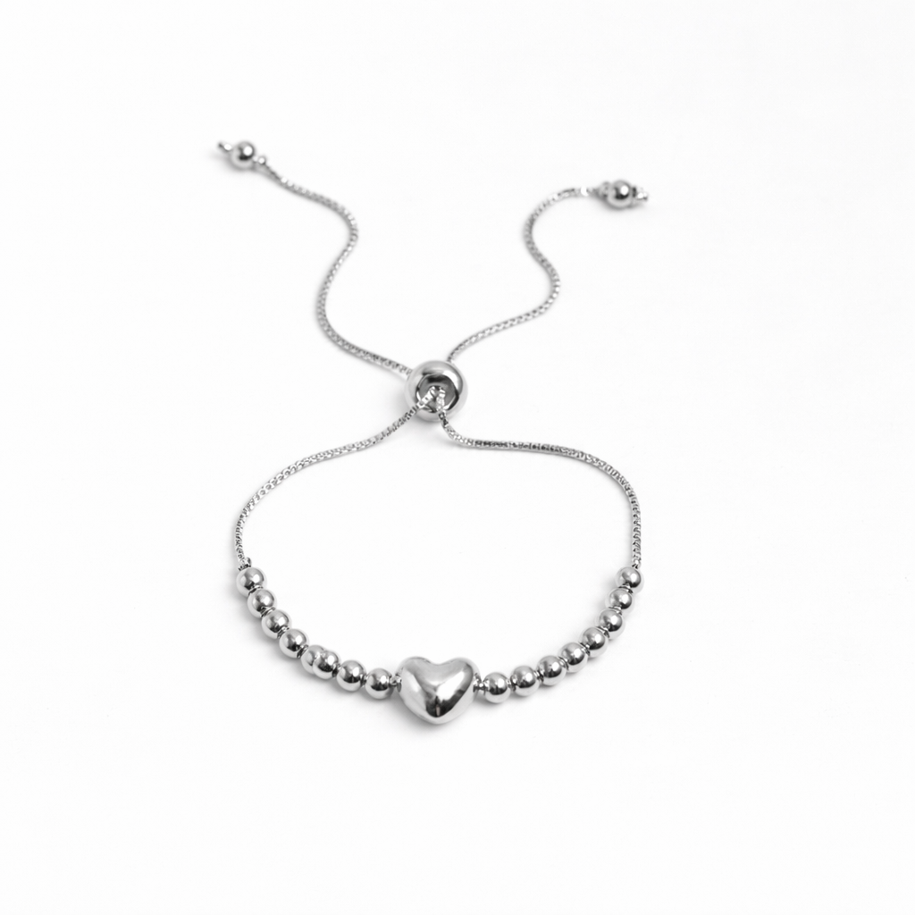 22006 Pulsera Ajustable Plateada con Corazón y Bolitas