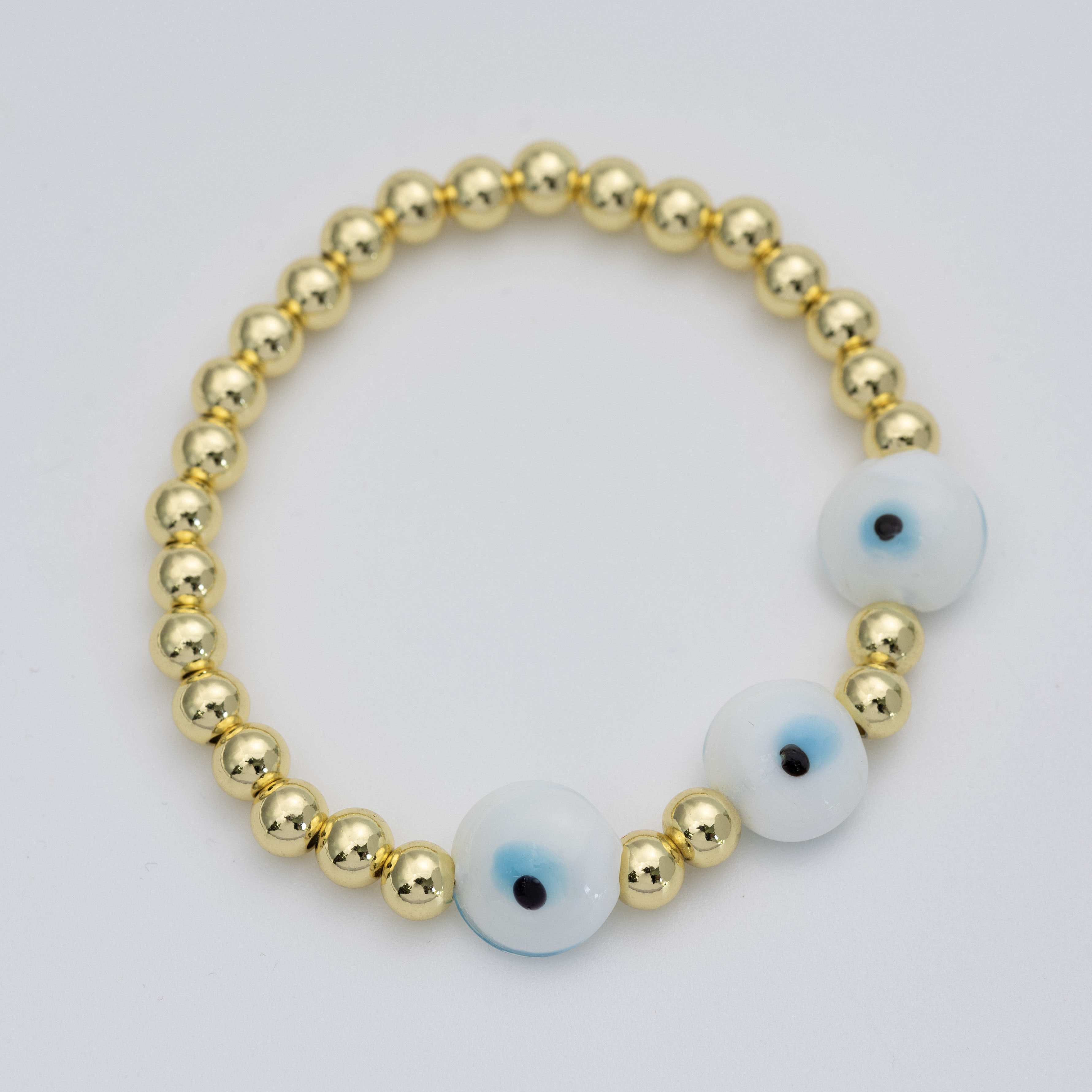 19486 Gold Beaded 5mm Bracelet with White Evil Eye