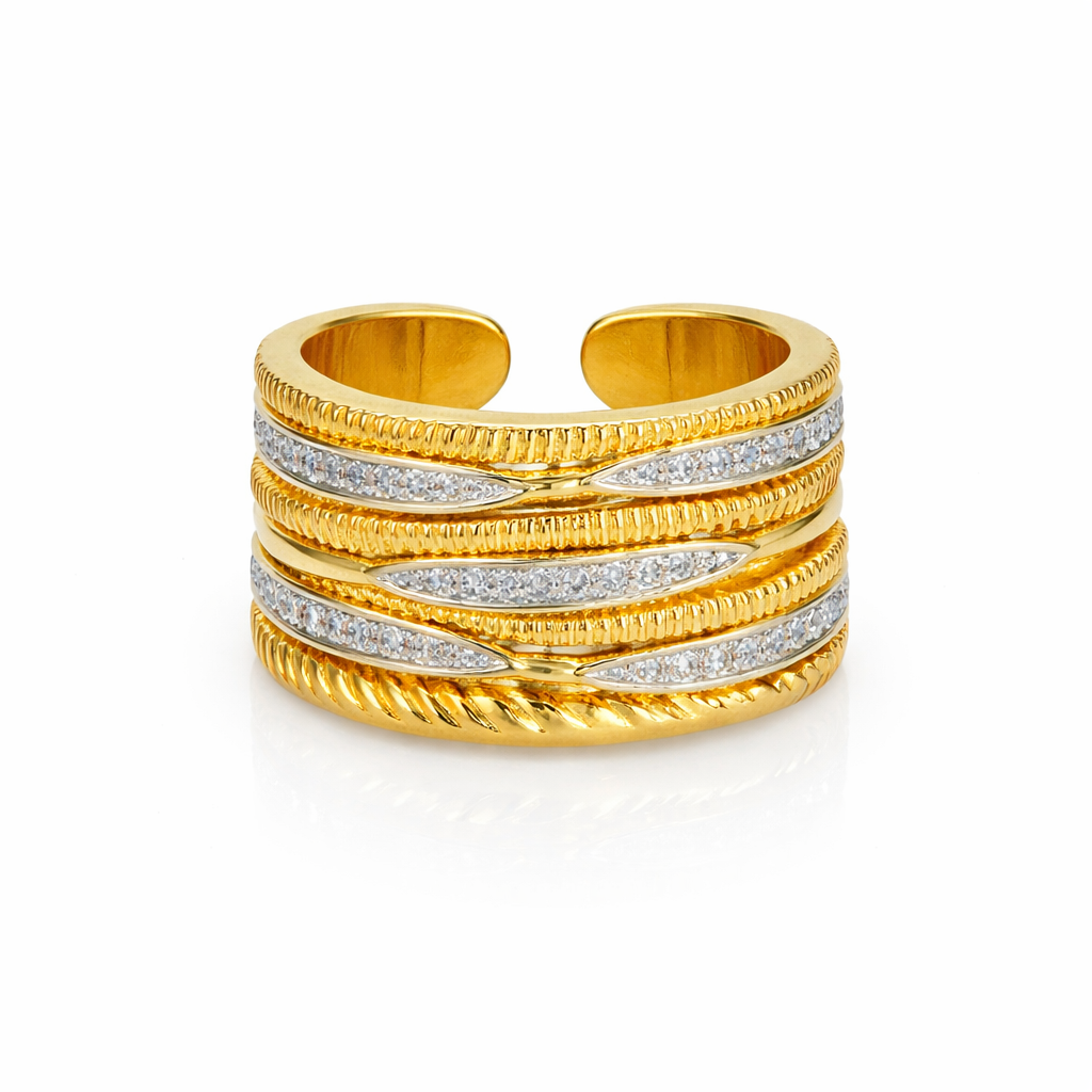 21809 Gold Ring with Textured & Pavé CZ 