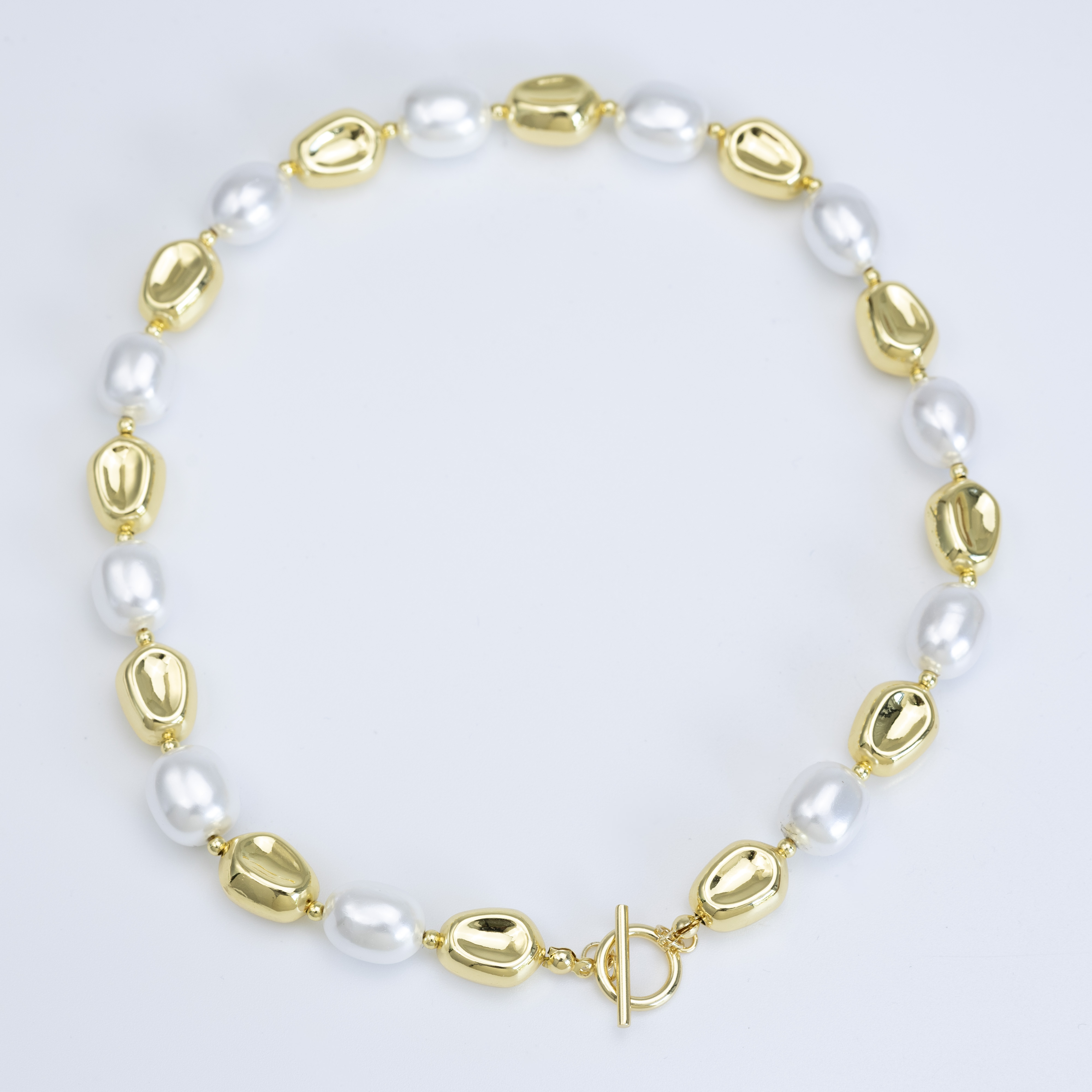 19721 Gold Irregular Sphere and White Pearl Necklace