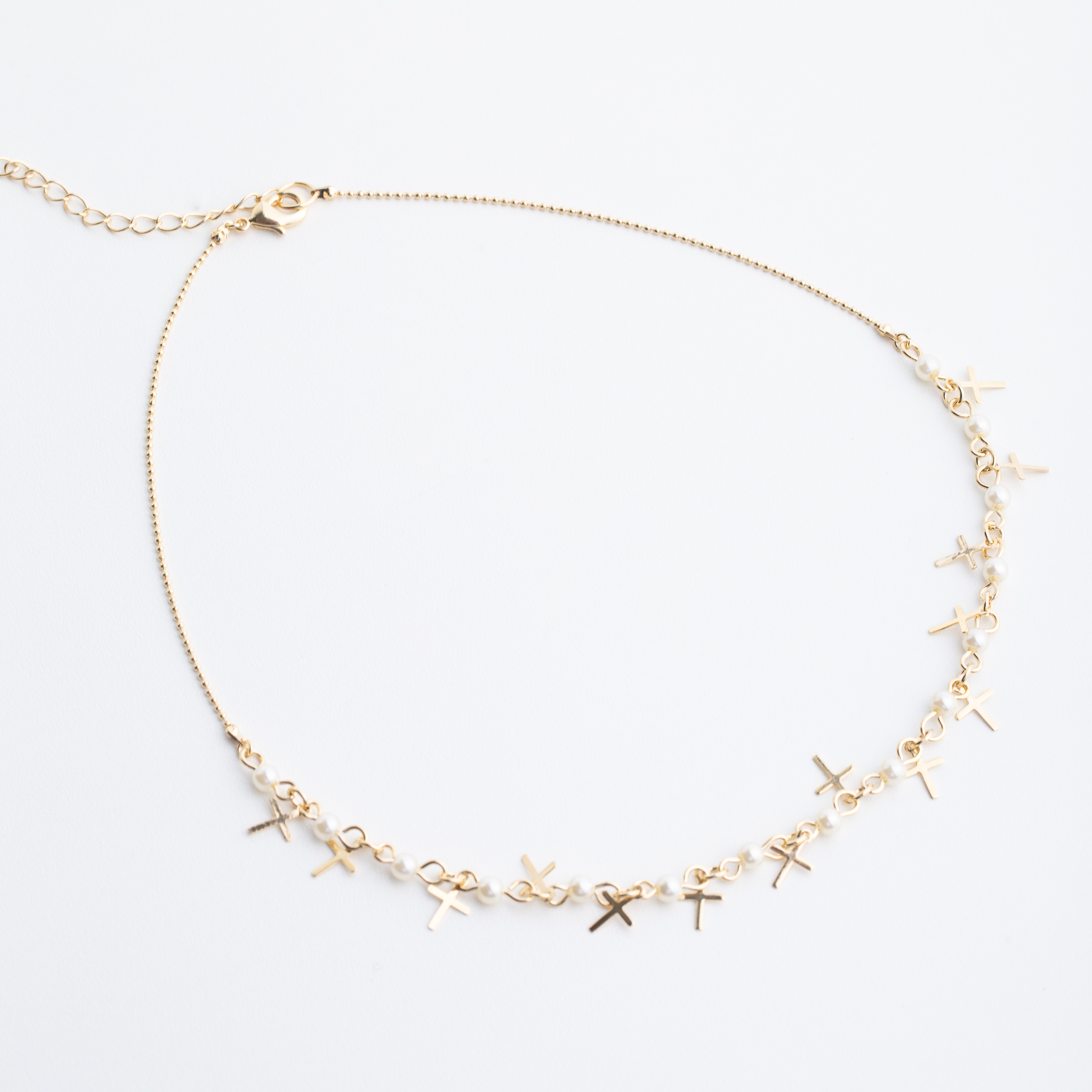 19565  Gold Chain with Cross and Pearl Charms 16"