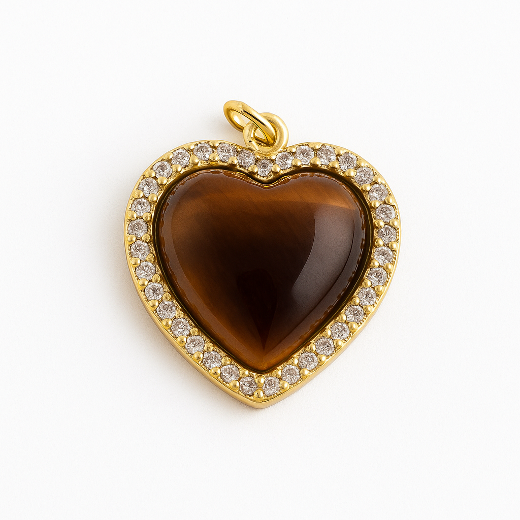 21241 Heart Pendant Tiger Eye Stone and Zircon Border