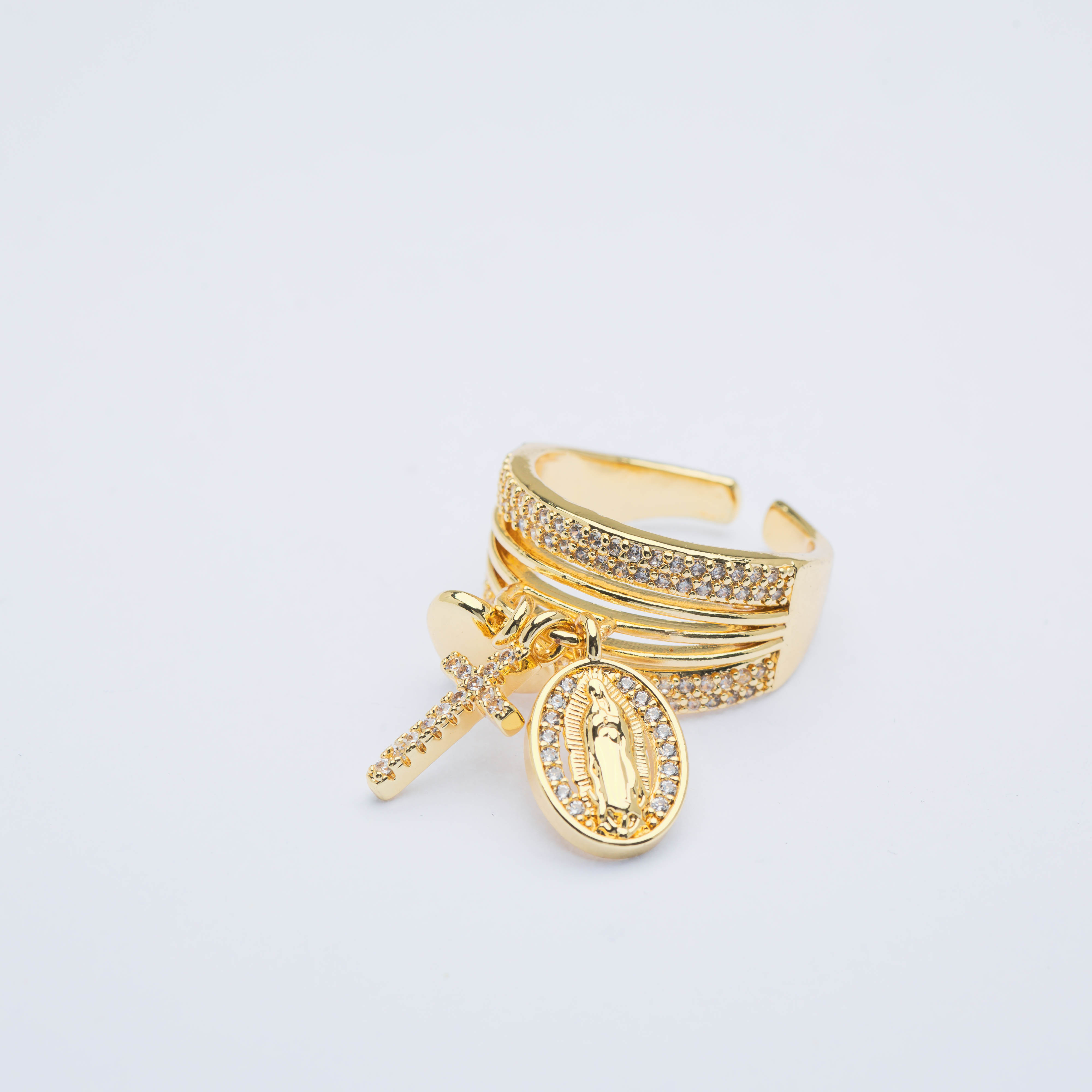 21774 Adjustable Gold Ring with & Religious Charms