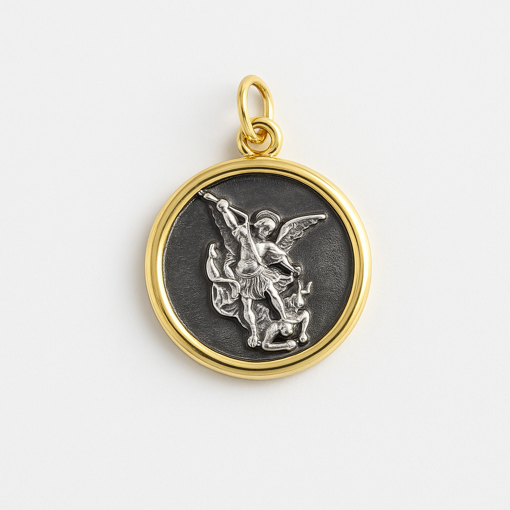 21097 Round Silver Saint Michael Archangel with Gold Border