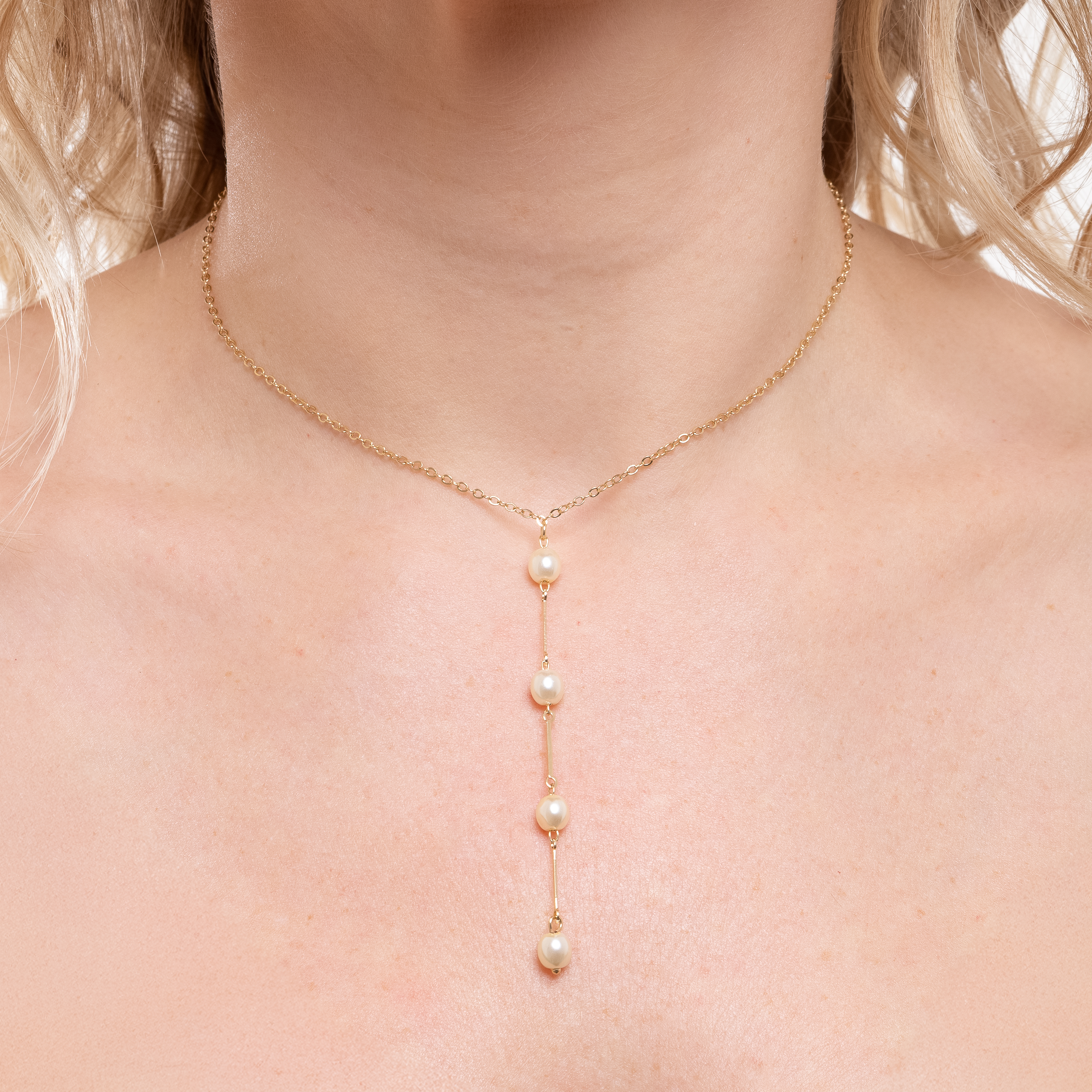 21639 Collar Lariat Dorado con Perlas Colgantes