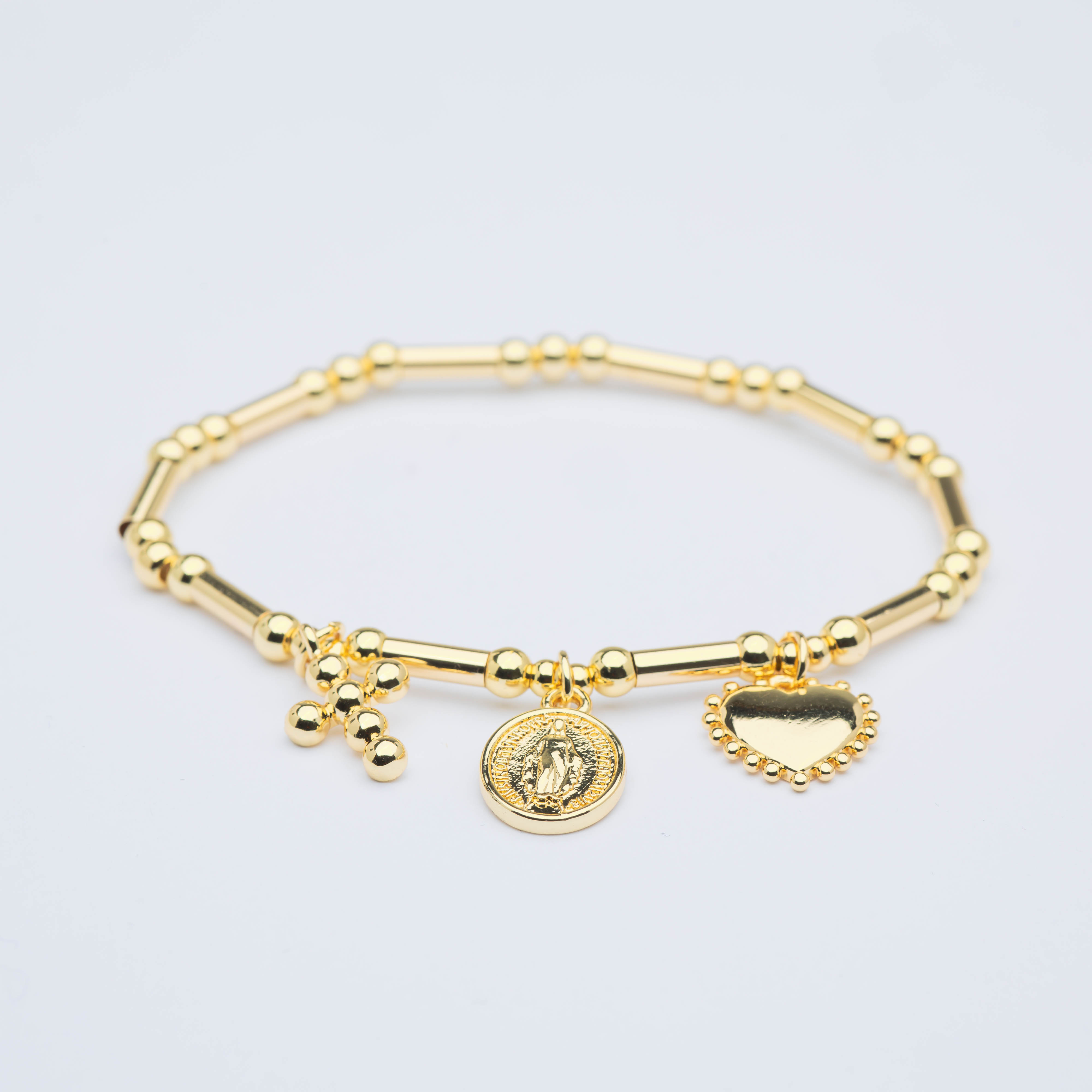 21598 Bracelet with Cross, Virgin Medallion, and Heart Charms