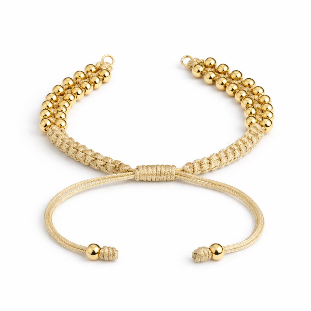 21770 Beige Adjustable Woven Bracelet with Gold Beads