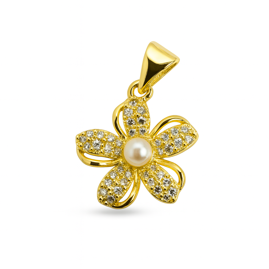 21369 Gold Flower Pendant with CZ and Center Pearl