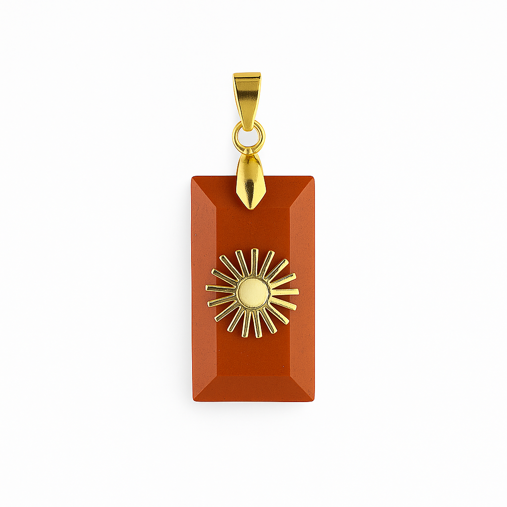 21408 Red Aventurine Rectangle Pendant with Gold Sun