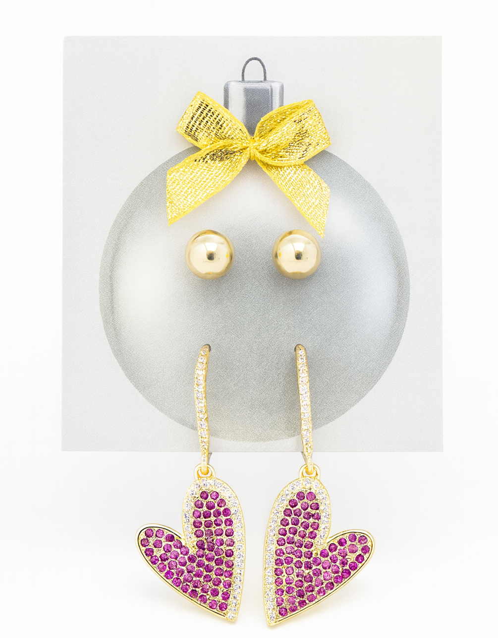 21562 Gold Studs & Sparkly Fuchsia Heart Earrings