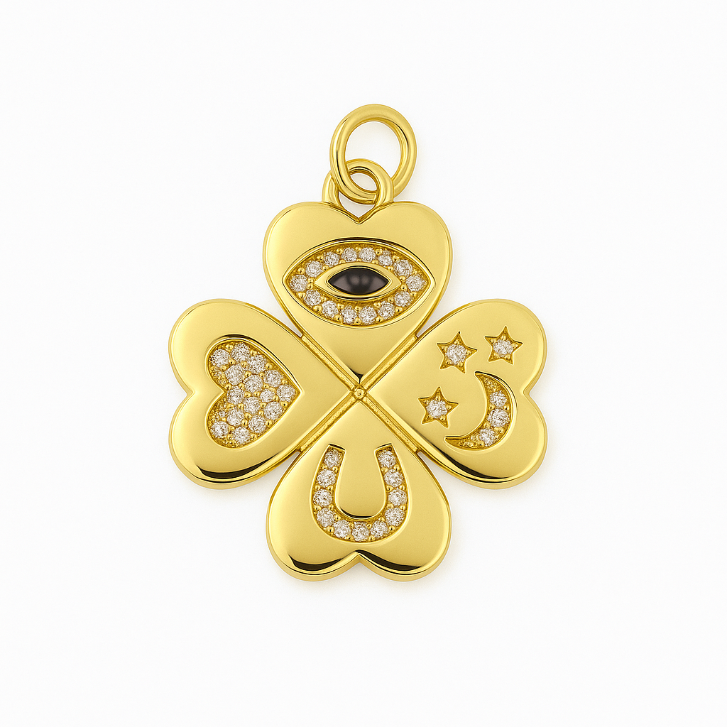 21078 Gold Clover Pendant with Protection and Luck Symbols