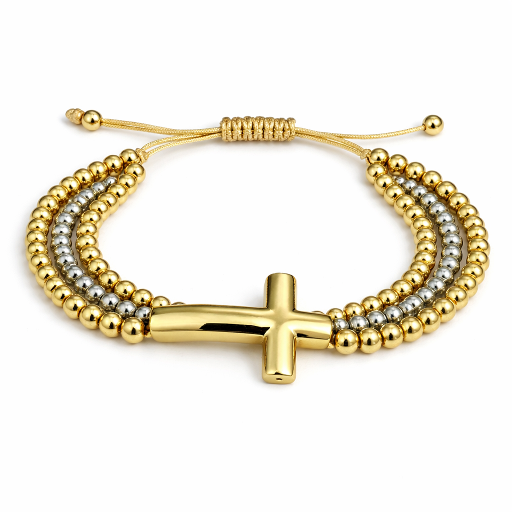 21733 Cross Charm Bracelet with Gold & Silver Beads