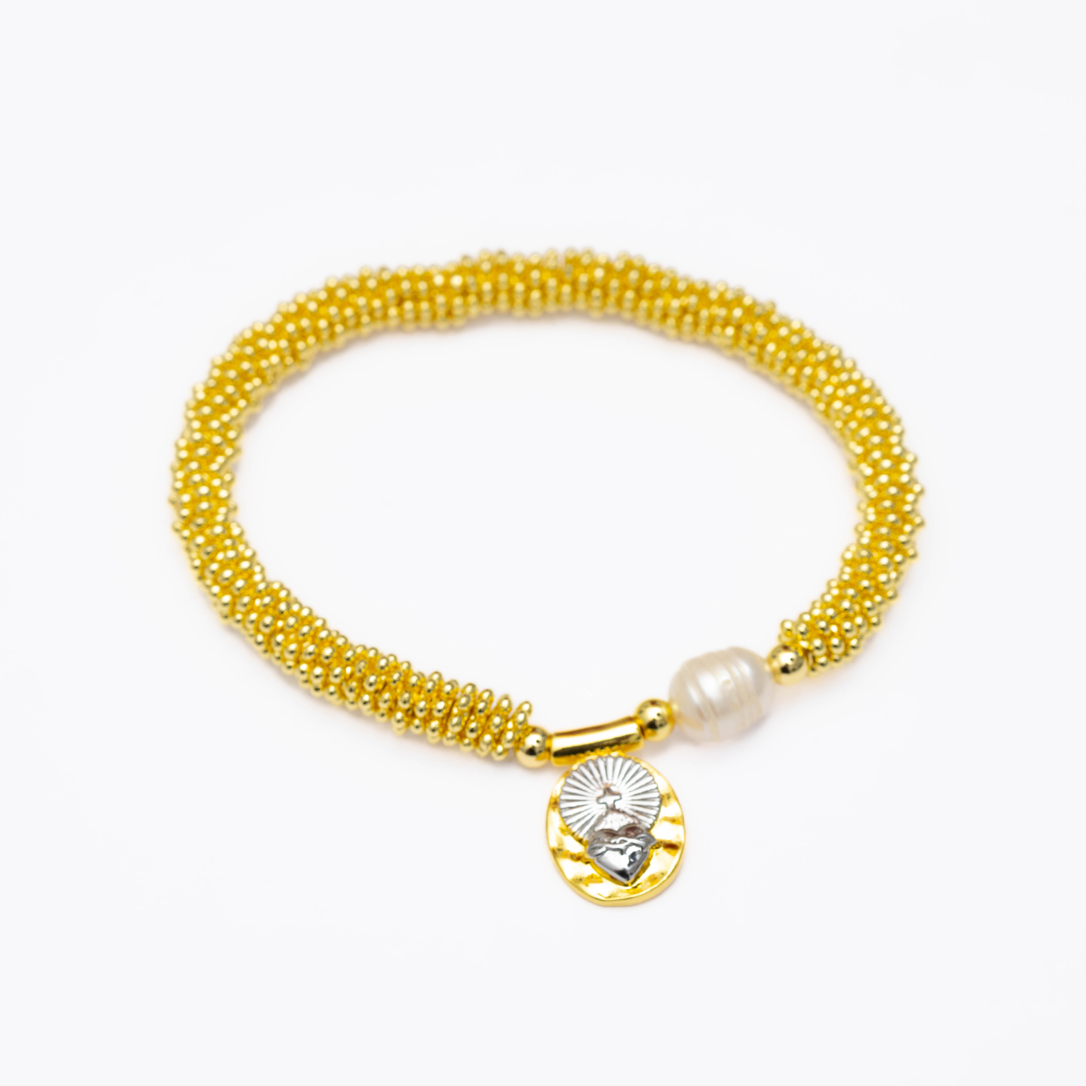 21514 Pulsera Elástica de Pasadores Mini Balín Dorados con Perla y Medalla