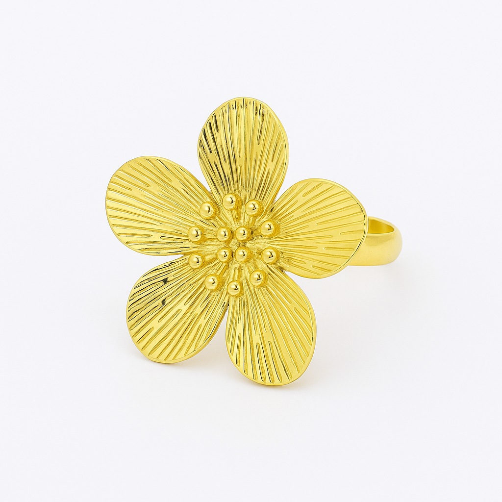 21121 Anillo Ajustable Dorado con Flor de Cinco Pétalos