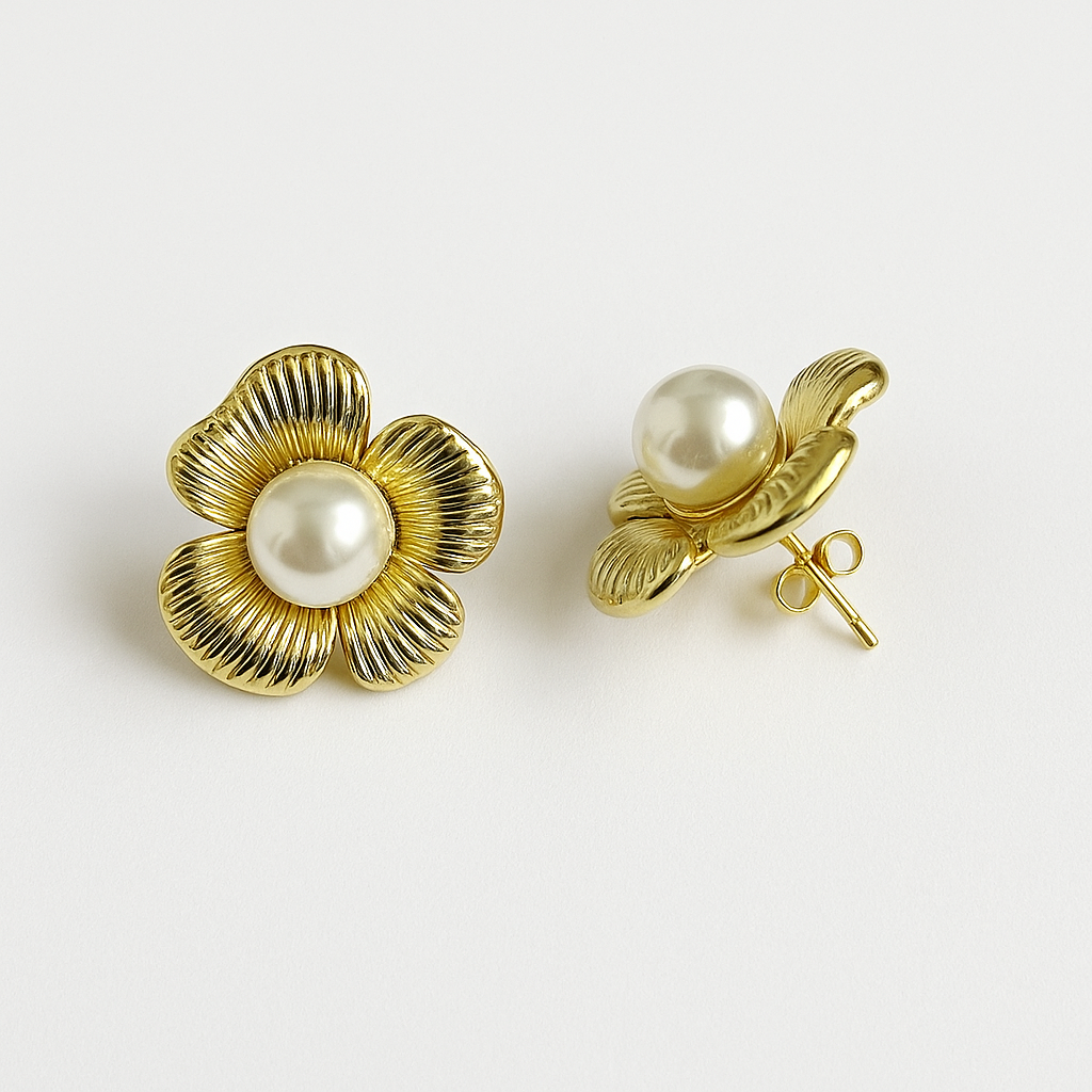 21220 Aretes Flor Dorada con Perla Central