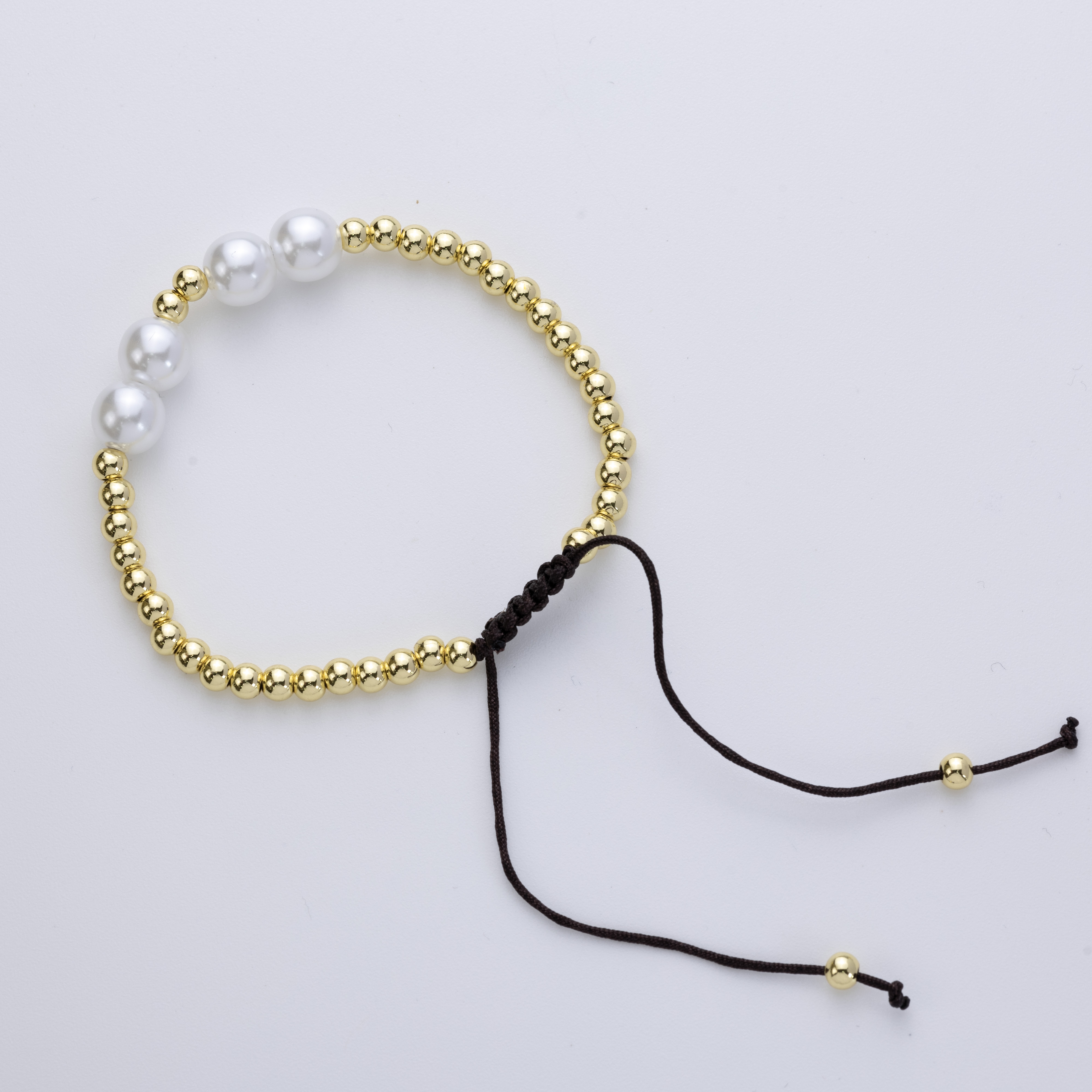 19488 DarkBrown Bracelet with Pearls and Gold Beads