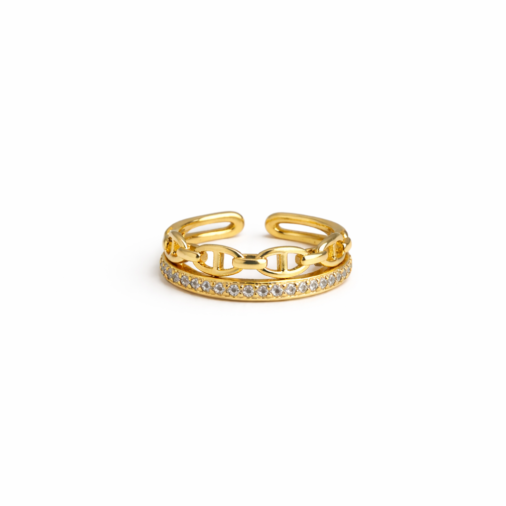 22071 Adjustable Gold Link Ring with Cubic Zirconia