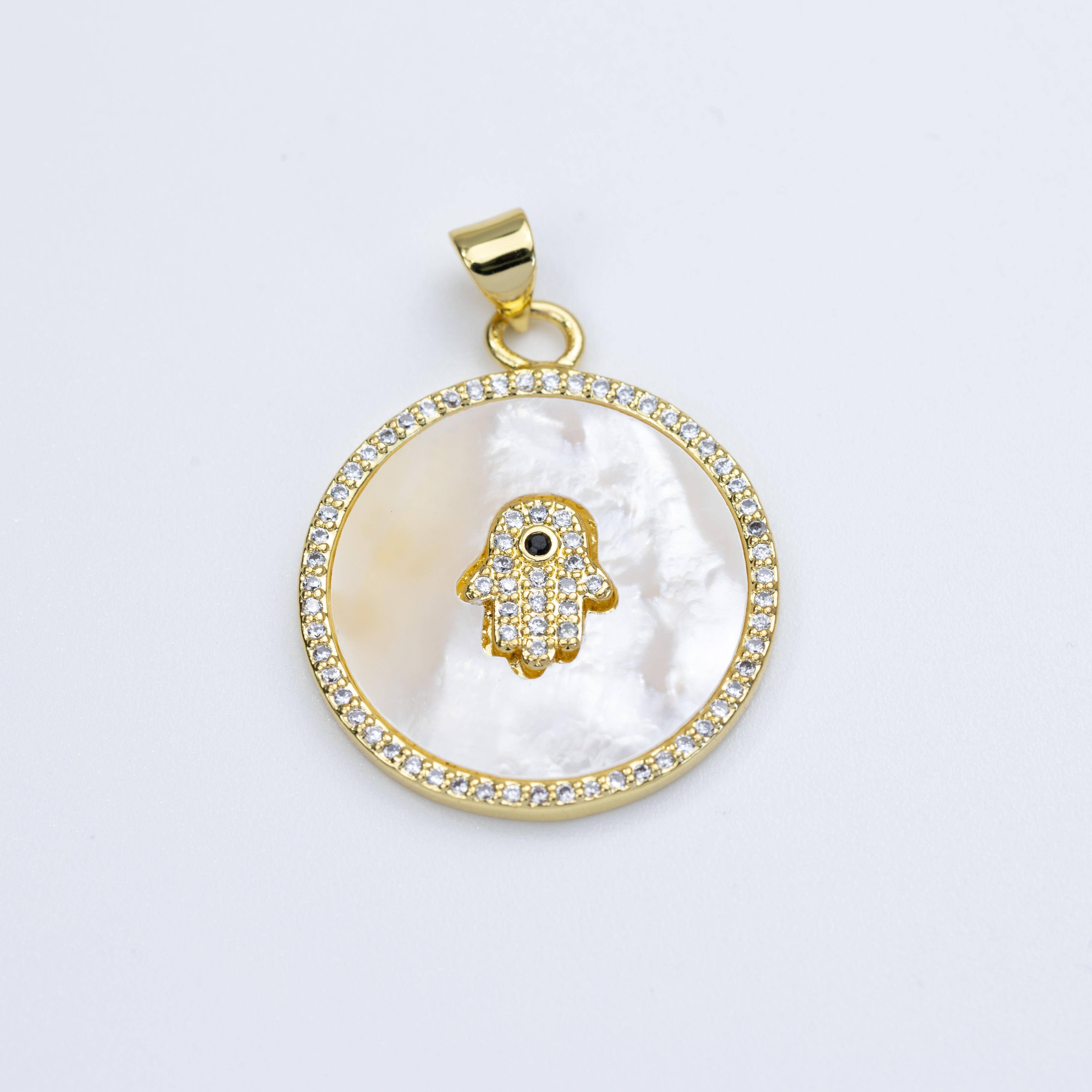 19609 Round Pendant with Hamsa Hand Shell Zirconia