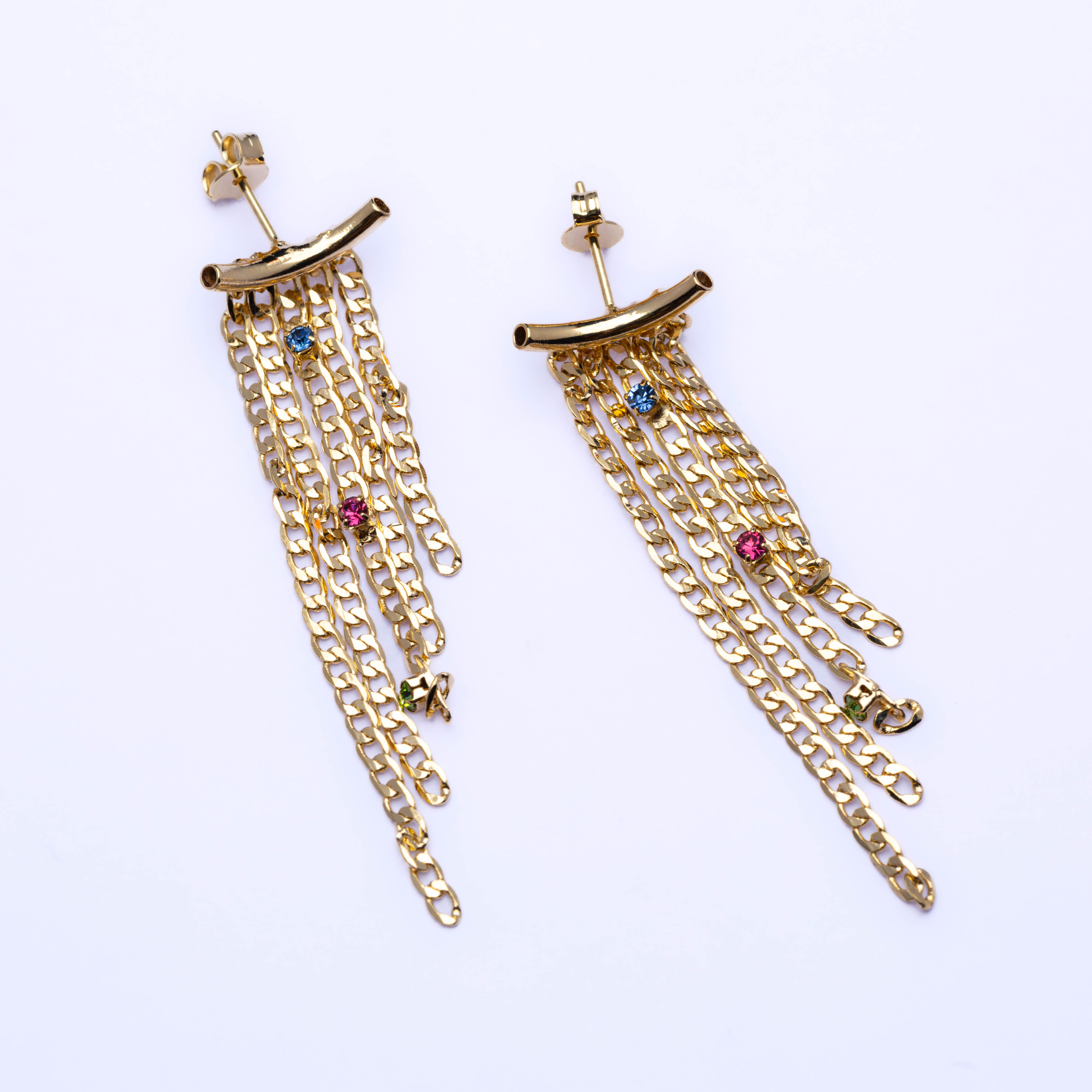 15668 Gold Chain Earrings with Colorful Crystals