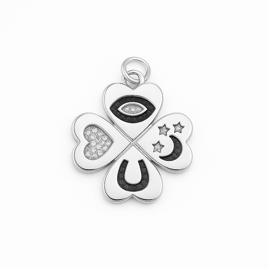 21079 Silver Clover Pendant with Protection and Luck Symbols