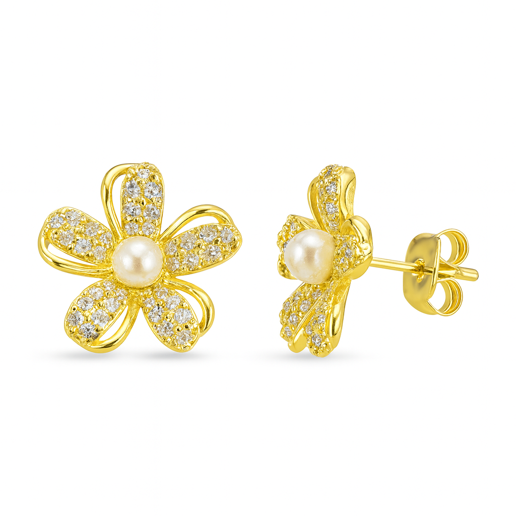21370 Gold Flower Earrings with CZ and Center Pearl