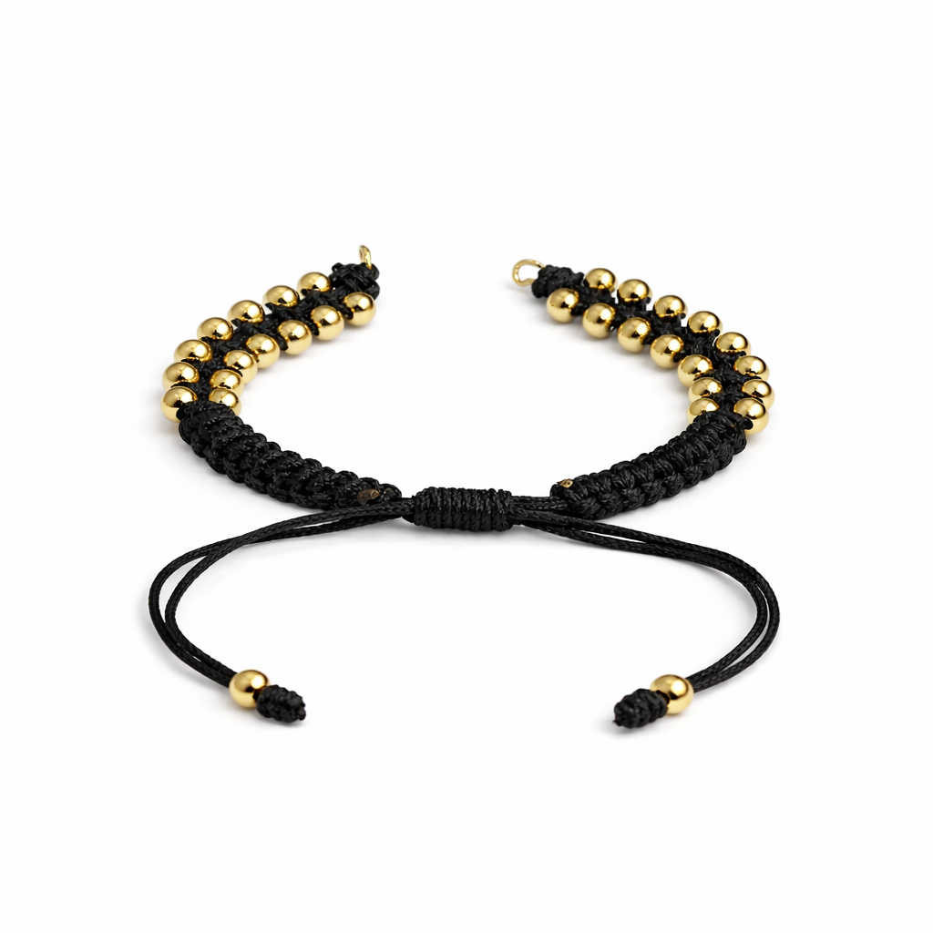 21768 Pulsera Ajustable Tejida con Bolitas Doradas Negra