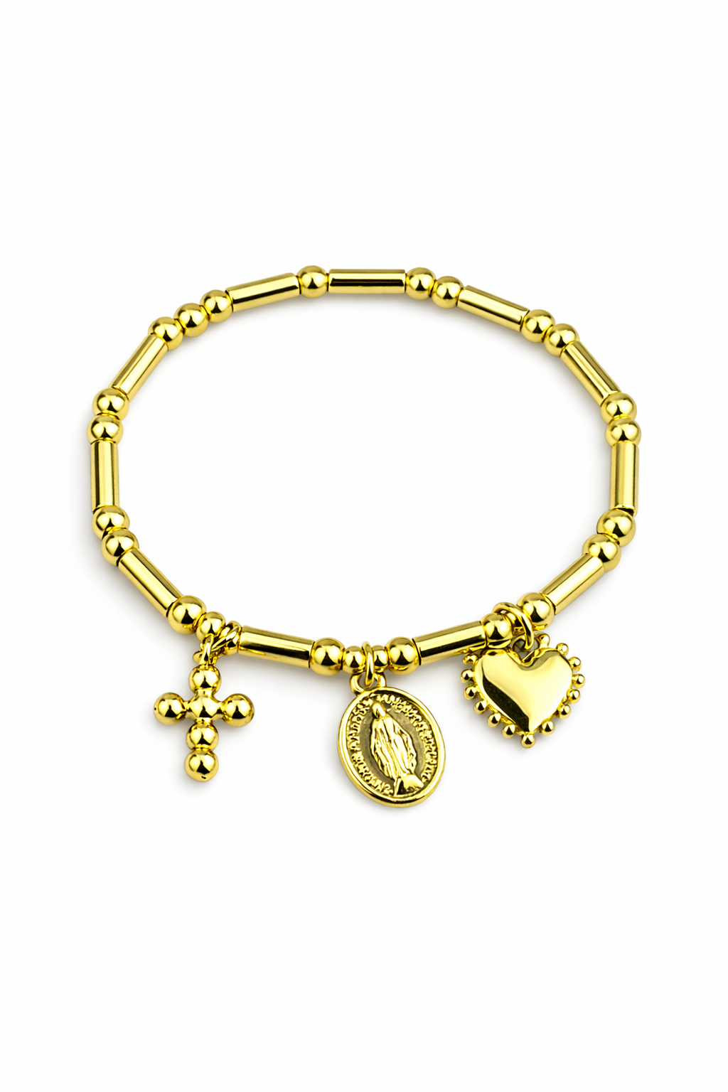 21598 Bracelet with Cross, Virgin Medallion, and Heart Charms